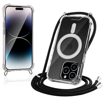 Abbildung von JProtect Magnetische Handykette für iPhone 14 Pro Max Magsafe Hülle/iPhone Hülle mit Band zum Umhängen Schwarz/Kette Handyhülle Magnet