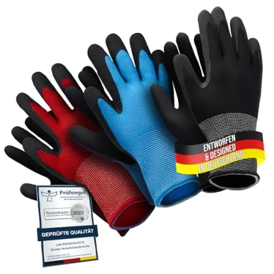 Abbildung von LAUTER SCHUTZ ® für Kinder: 3 Paar Arbeitshandschuhe (mit Handflächenbeschichtung) aus dehnbarem Gewebe, Gartenarbeit und mehr (Größe M (5 7 Jahre))