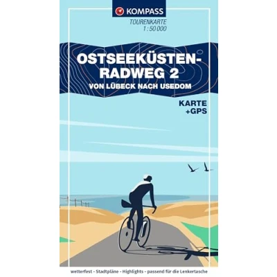 Abbildung von KOMPASS Fahrrad Tourenkarte Ostseeküstenradweg 2, von Lübeck bis Usedom 1:50.000: GPX Datei zum Download, Leporello Karte, reiß und wetterfest