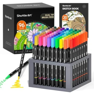 Abbildung von Shuttle Art Dual Brush Pens, 96 bunte doppelköpfige Pinselstifte mit weicher Spitze, zwei Schreibfedern: Fasermaler (1mm) und Fineliner(1 4mm), für Kinder Erwachsene 1 Malbuch zum Schreiben
