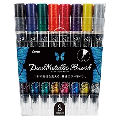 Abbildung von Pentel GFH D8ST Dual Metallic Brush Pinselstift gefüllt mit, je nach Papierfarbe, changierender Glitzertinte, Nylonfasern, 8er Set sortiert