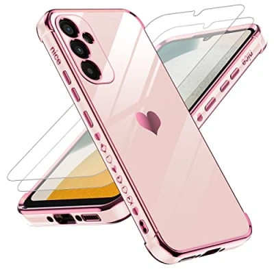 Abbildung von LeYi Hülle für Samsung Galaxy A34 5G Handyhülle mit 2 Stück Schutzfolie, Cute Herz Muster TPU Silikon Galvanik Schutzhülle Cover Case Mädchen, Kameraschutz und Bildschirmschutz, Rosa