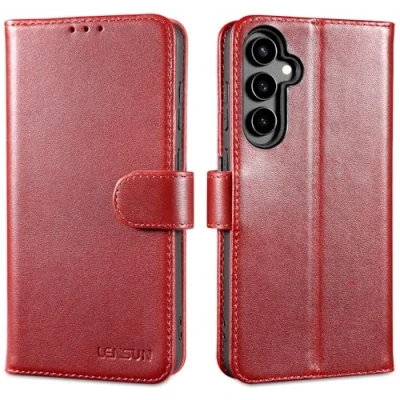 Abbildung von LENSUN Lederhülle für Samsung Galaxy S23 FE, Echtleder Hülle [Kartenfach][RFID Schutz][Echtes Leder] Handyhülle Klapphülle Handytasche FE 5G Weinrot