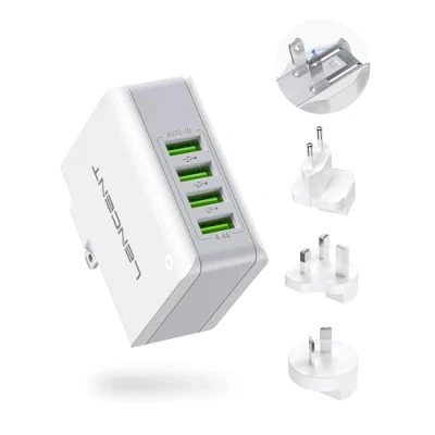 Abbildung von LENCENT Reiseadapter Multiport USB Ladegerät, Wand Ladegerät mit 4 Port 4.4A 5V, Universal Charger Adapter EU/USA/UK England/AUS Stecker für Handys