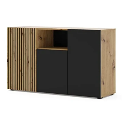 Abbildung von BIM Furniture Kommode AURIS 3D 135 cm Sideboard Highboard Schrank mit 3 Türen Artisan Eiche/Schwarz Matt, Large