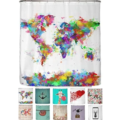 Abbildung von arteneur® Weltkarte Anti Schimmel Duschvorhang 200 x Recycelt mit Öko Tex Standard 100 Beschwerter Saum, Blickdicht, Wasserdicht, Waschbar, 12 Ringe &amp; E Book