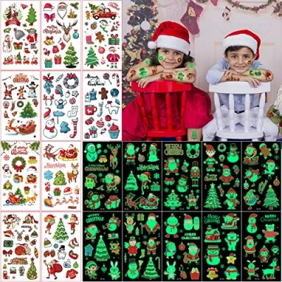 Abbildung von 20 Blatt Weihnachten Tattoo Kinder, 10 Cartoon Tattoos und im Dunkeln leuchten Aufkleber für Kinder Party Füllstoffe Mitgebsel Kindergeburtstag Geschenktüten Spielen Dekoration