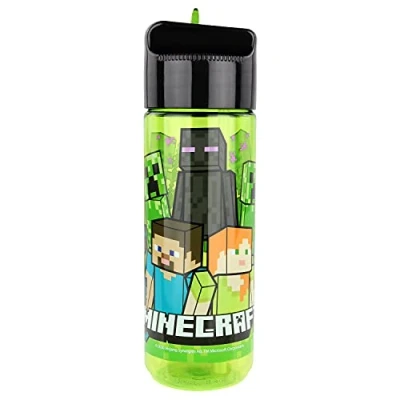 Abbildung von P:os 33171 Trinkflasche für Kinder, ca. 540 ml, transparentes Design mit Minecraft Motiv und integriertem Strohhalm zum Hochklappen, aus Kunststoff, bpa phthalatfrei