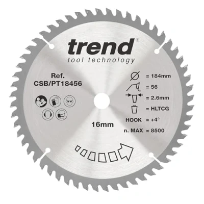 Abbildung von Trend Laminat und HPL Kreissägeblatt, 184 mm Durchmesser, 16 Bohrung, 56 Zähne, 2,6 Schnittfuge, +4 Haken, TCT, superfeine Oberfläche, CSB/PT18456