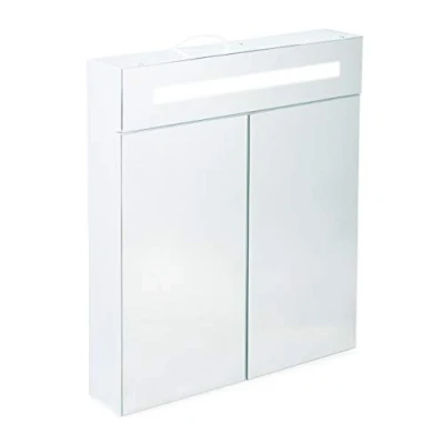 Abbildung von Relaxdays LED Spiegelschrank, 2 Türen, 3 Fächer, Steckdose, Wandschrank, Stahl, H x B T: 67 60 12 cm, weiß
