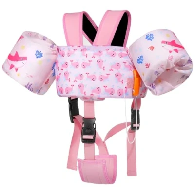 Abbildung von MoKo Kinder Schwimmflügel, Kleinkind Schwimmweste, Badeanzug mit Verstellbar Gurt, Schwimmjacke Wasser Flügel Pool Float, Meer Schwimmen Hilfe für Wassersport Lernen Zubehör, Rosa Whale