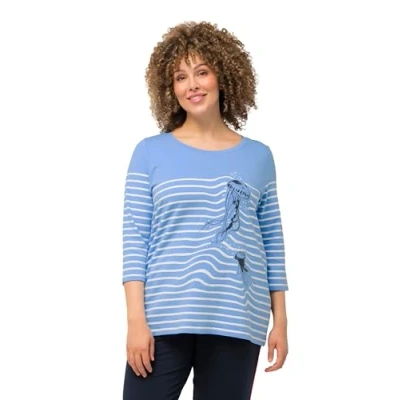 Abbildung von Ulla Popken Quallen Streifen Ubootausschnitt 3/4ARM Langarmshirt, Damen, Größe: 42/44, Bleu nuages