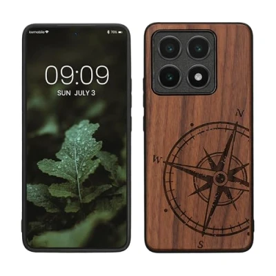 Abbildung von kwmobile Hülle kompatibel mit Xiaomi 14T Holz Case Handy Cover TPU Handyhülle in Dunkelbraun Kompass Vintage