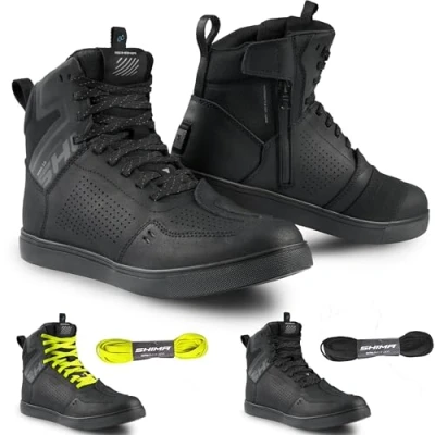 Abbildung von SHIMA REBEL 2.0 Motorrad Schuhe Herren Leder Wasserdicht Motorradstiefel Protektoren Sneaker Rutschfeste Sohle Knöchelstütze Seitlicher Reißverschluss Bikerboots (Männer, Schwarz, 48)