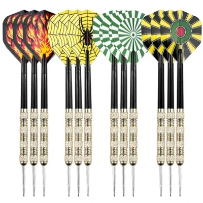 Abbildung von WinGluge 12 Stück Dartpfeile mit Metallspitze, 14 Gramm Steeldarts Profi, Steel Darts Set, Steeldart Pfeile, 4 Motive Dart Flight, Multi Purpose Tool, für Anfänger Und Hobbyisten