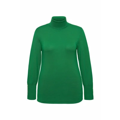 Abbildung von Ulla Popken Rollkragen ZIERKNÖPFE Langarm Strickpullover, Damen, Größe: 58/60, Emerald green