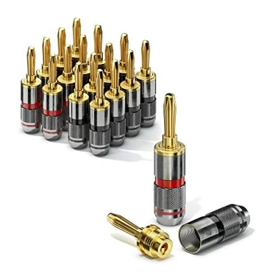 Abbildung von conecto CC50643 Bananenstecker High End Professionell (100% Kupfer!) für alle Lautsprecherkabel mit einem Durchmesser von max. 6mm², 16 Stück Farbcodierung (8x rot, 8x schwarz), 24k vergoldet