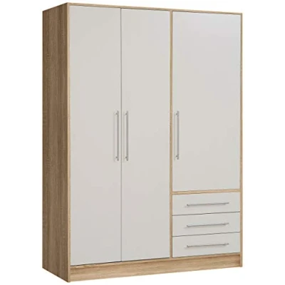 Abbildung von FORTE Jupiter Schrank 140 150, Kleiderschrank, Drehtürenschrank, 3 türig, mit Schubladen und Einlegeböden, Weiß Holz Dekor: Sonoma Eiche, 145 cm breit x 60 tief 200 hoch