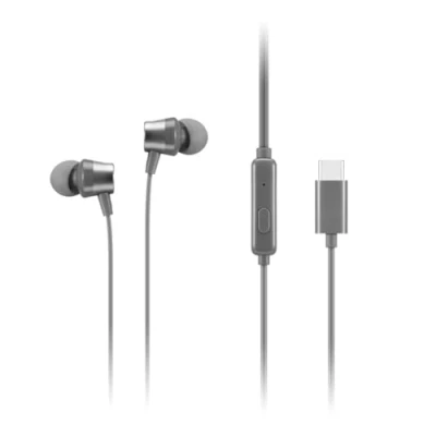 Abbildung von Lenovo 300 kabelgebundene In Ear USB C Kopfhörer Inline Mikrofon Konnektivität Play und Pause Taste 3 Größen Silikon Ohrstöpsel im Lieferumfang enthalten
